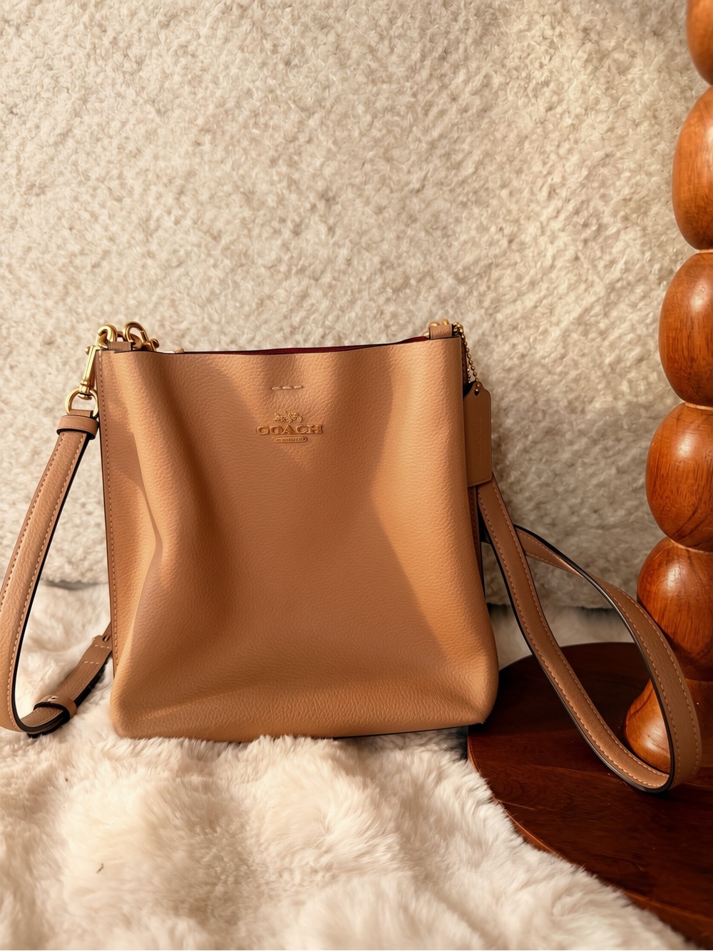 Coach Tan Pebble Leather Bucket Crossbody with Gold Hardware